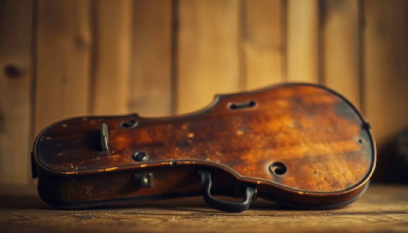 An extremely abstracted, out-of-focus photograph in soft pools of warm color and light, depicting an old, weathered violin case resting on a wooden surface, with a faint, glowing light emanating from behind.