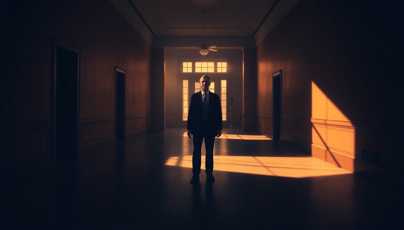 A cinematic painting depicting a solitary figure in a suit and tie, representing the American president, standing alone in a dimly lit, empty government building hallway, bathed in warm, diagonal sunlight and deep shadows, conceptually illustrating the contrast between the president's isolationism and the pope's calls for unity and compassion.