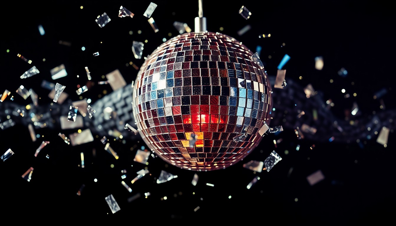 An abstract close-up image of shattered disco ball fragments reflecting dramatic studio lighting, capturing the glamorous and nostalgic essence of the 80s pop music era.