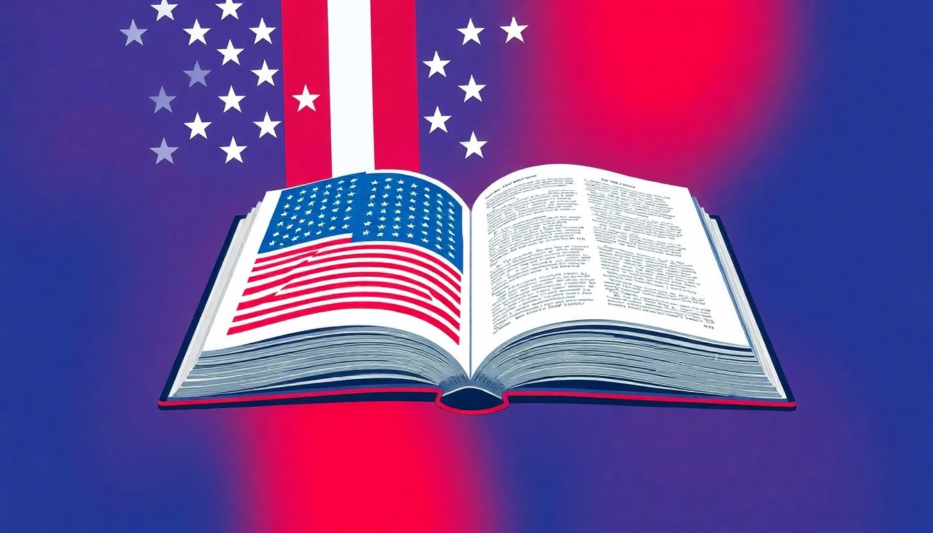 A vibrant, pop art-inspired illustration featuring a grid of American flag imagery overlaid on the pages of an open textbook, conceptually representing the new Florida-developed U.S. History course for high school students.