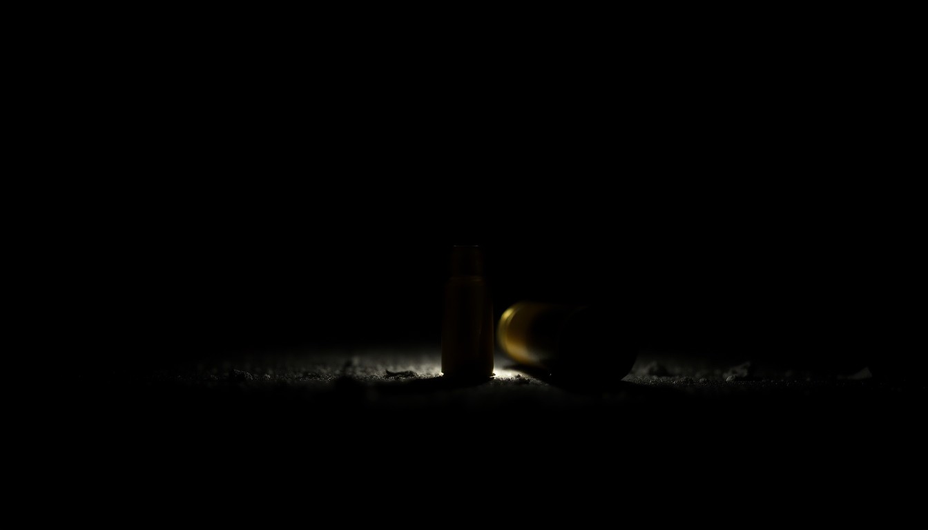 An extreme close-up photograph of a single bullet casing on the ground, capturing the stark, gritty details of the crime scene in a dramatic, investigative style.