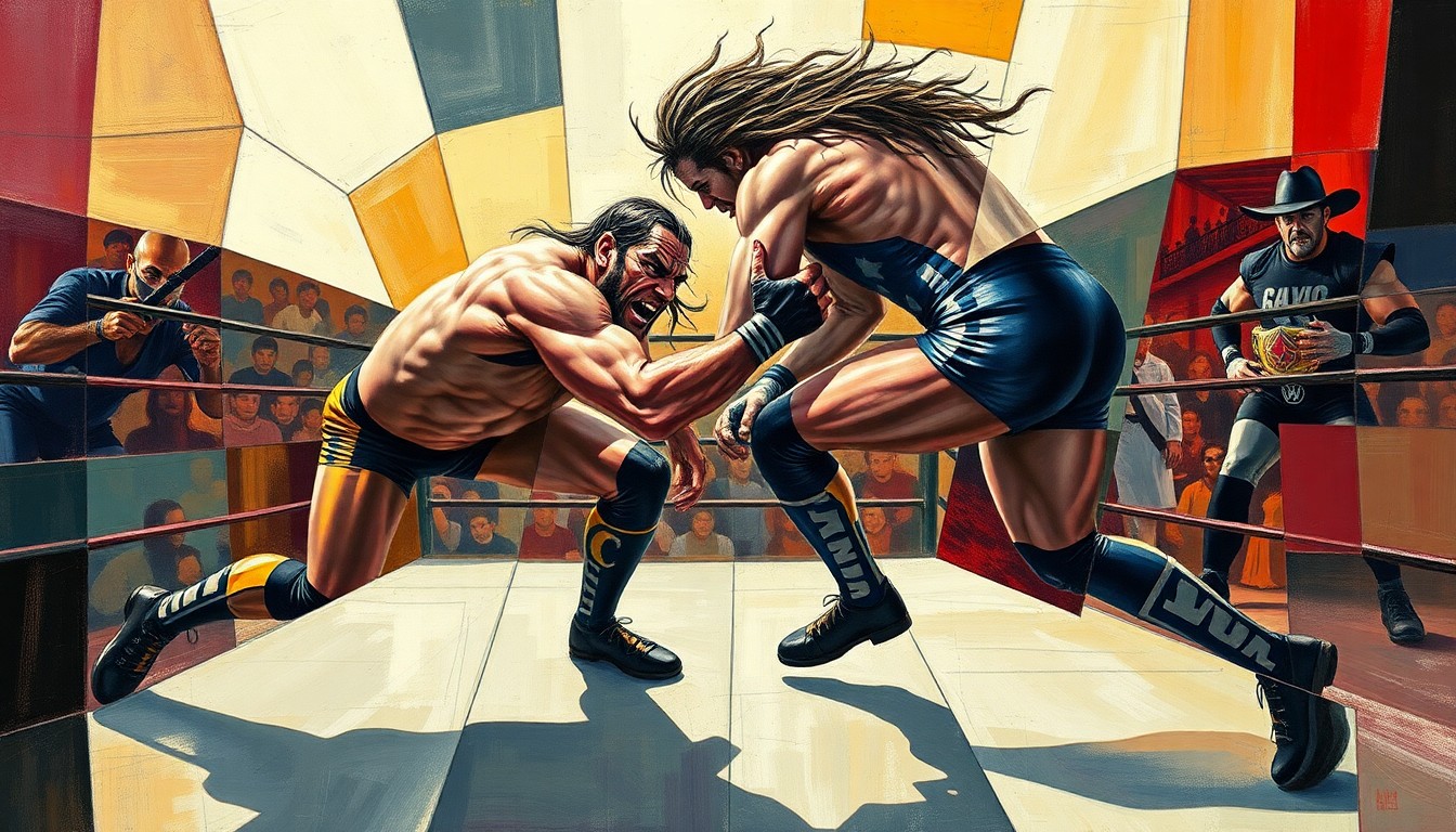 A cubist, geometric painting depicting the intense physical confrontation between two muscular wrestlers, their bodies and movements fractured and abstracted into sharp, overlapping planes of color.