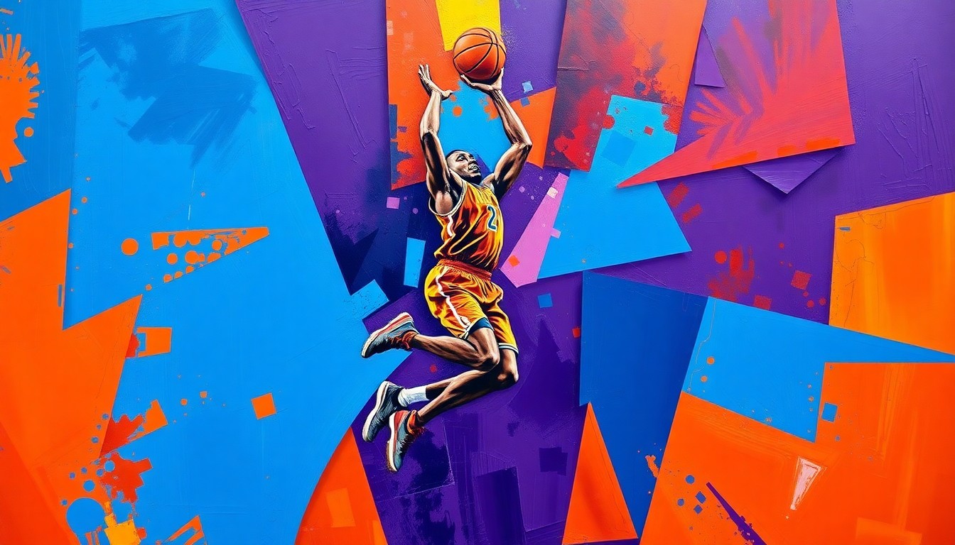 A fragmented, multi-angled painting depicting the explosive movements of a basketball player, rendered in a bold, cubist style with sharp geometric shapes and vibrant colors.