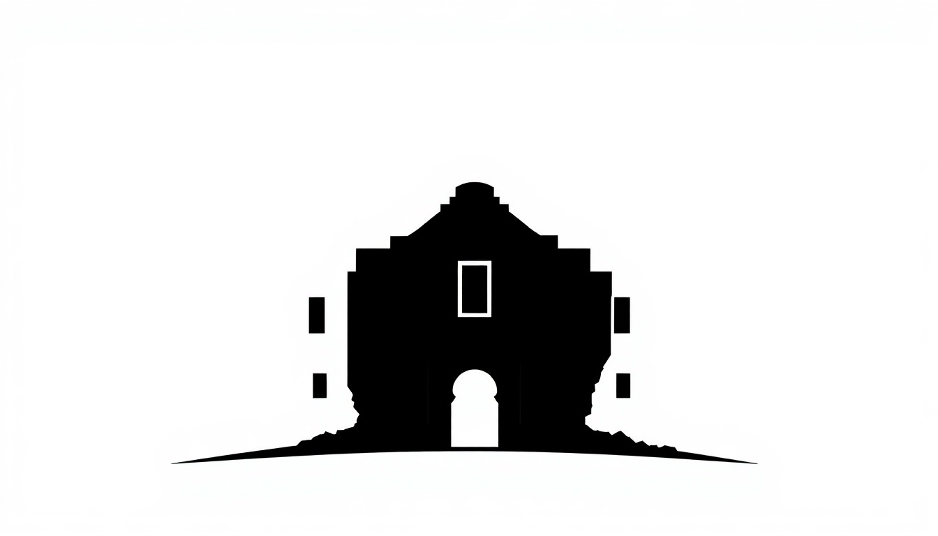 A minimalist, abstract illustration featuring a dramatic black silhouette of the Alamo mission set against a high-contrast background of deep red and bright white, conceptually representing the iconic Texas landmark and the bold, cinematic vision of Sheridan's upcoming 4D production.