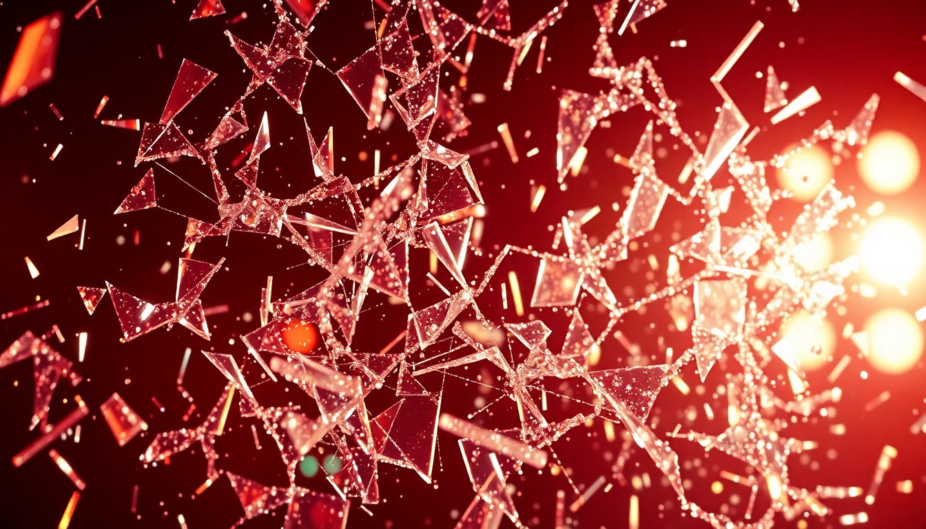 An abstract close-up photograph of shattered glass reflecting dramatic studio lighting, conveying the high-fashion, glitzy aesthetic of the 'Madwoman' music video.
