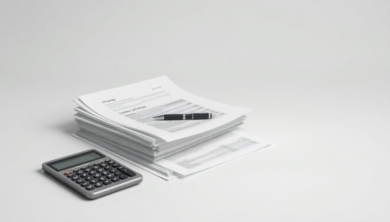 A photorealistic studio still life featuring a stack of financial documents, a pen, and a calculator arranged on a clean, monochromatic background, conceptually representing the abstract corporate strategy and finance at the center of the Huachen AI securities investigation.