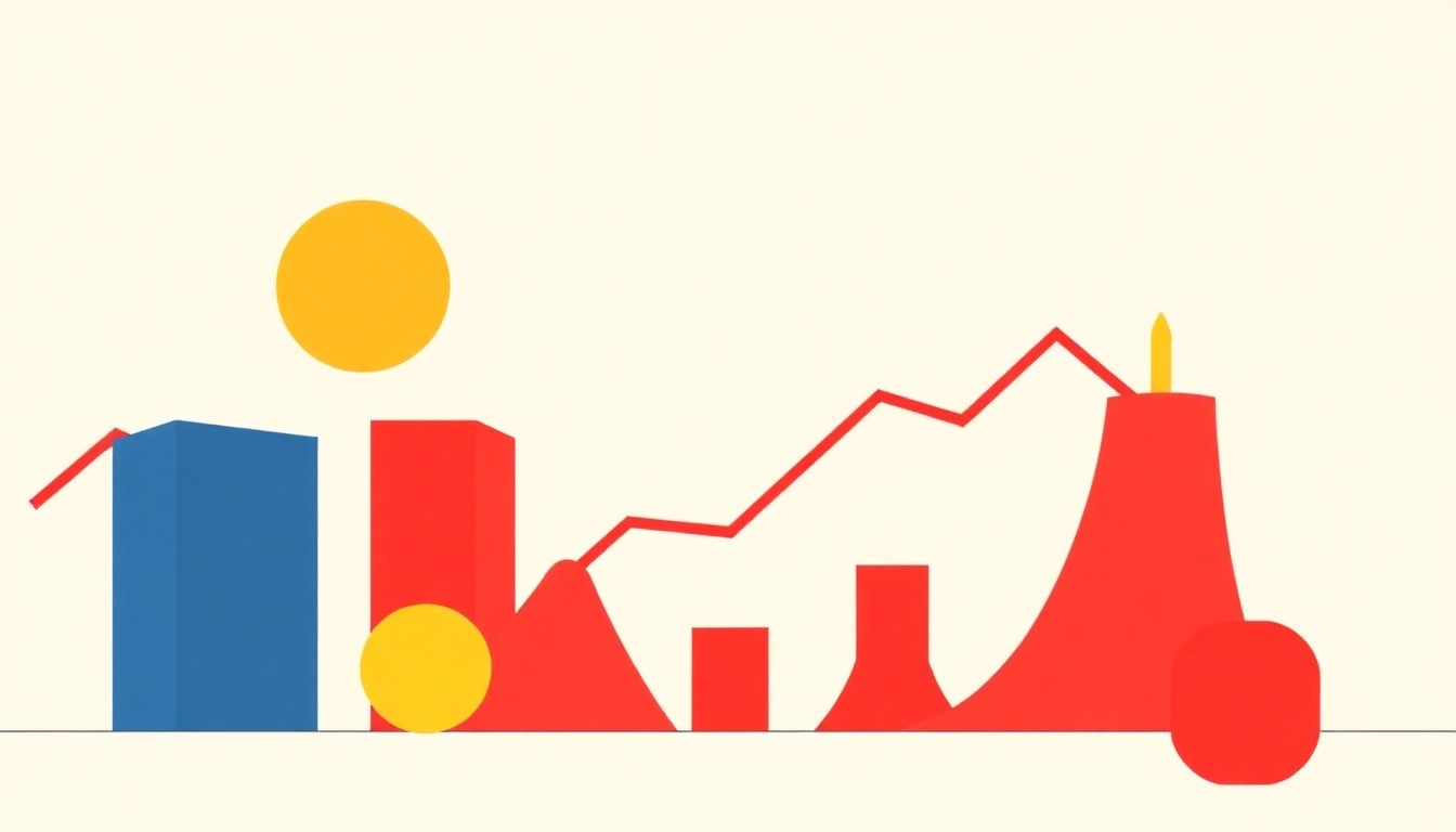 An abstract illustration composed of overlapping triangles and circles in shades of red, blue, and yellow, conceptually representing the volatility and uncertainty of rising inflation and energy prices.