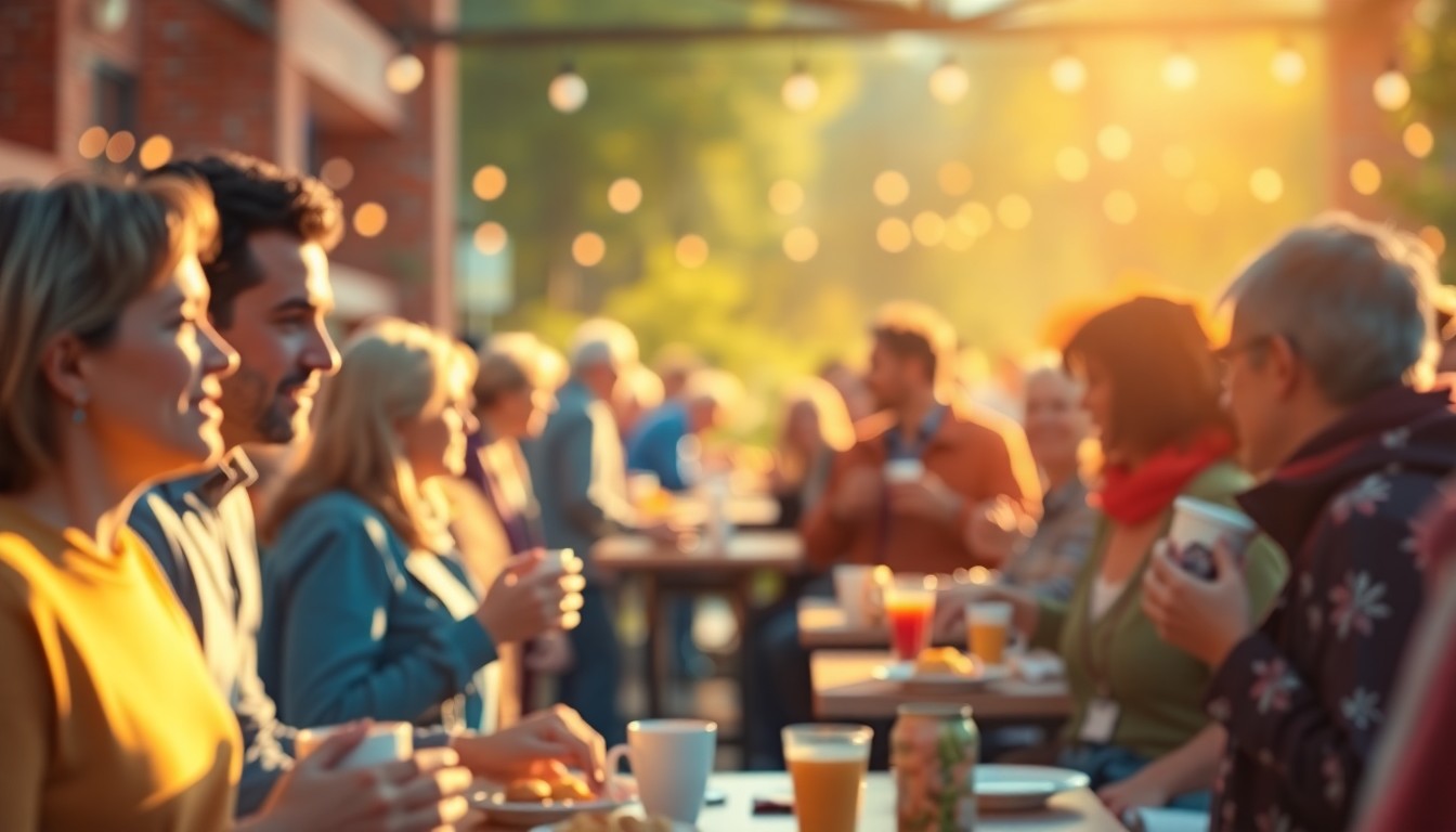 An abstract, impressionistic scene of blurred figures enjoying breakfast foods and drinks at a community event, with soft, warm pools of light and color creating a cozy, inviting atmosphere.
