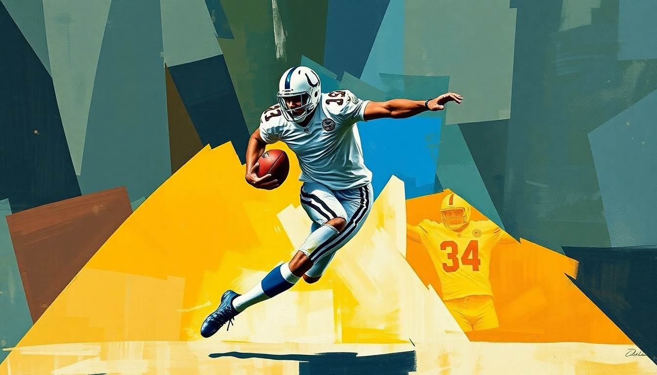 A fragmented, geometric painting depicting a football player in motion, with sharp, overlapping planes of color and form that capture the dynamic energy of the sport.