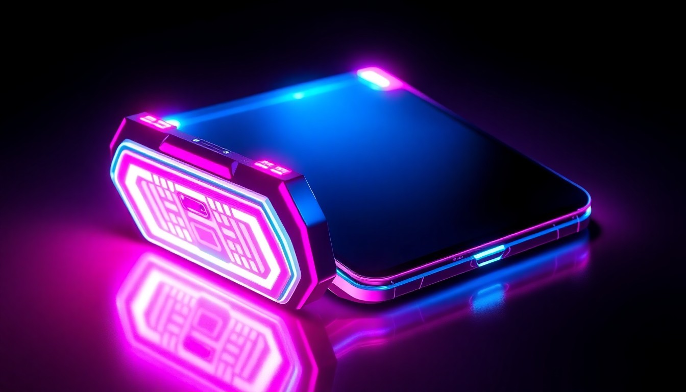 A highly detailed, glowing 3D illustration of a futuristic foldable smartphone device with a wide, passport-like aspect ratio. The device is illuminated by neon cyan and magenta lights, giving it a high-tech, cyberpunk aesthetic.
