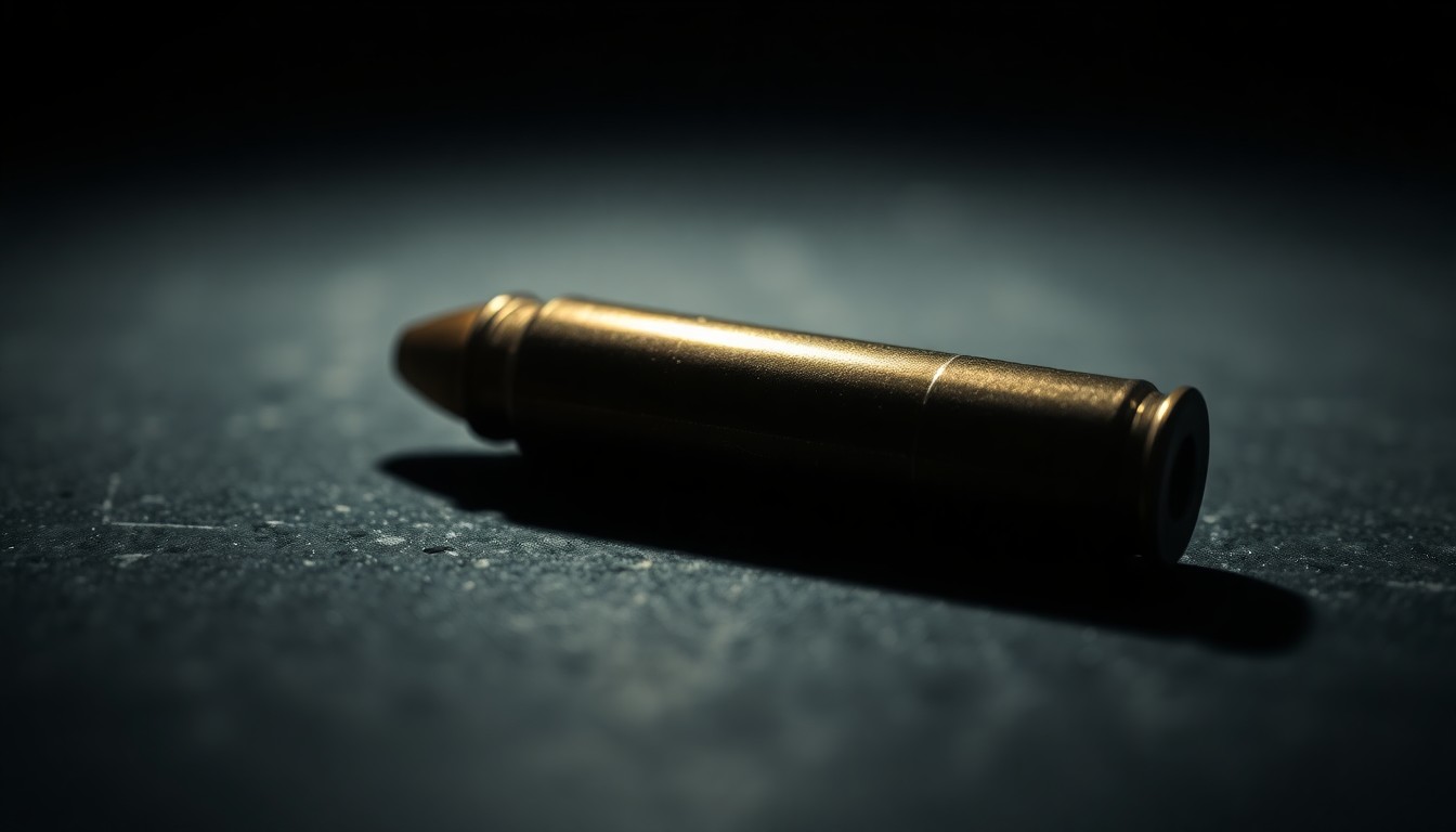 An extreme close-up of a spent bullet casing on a dark surface, reflecting a harsh, direct camera flash. The dramatic lighting and stark contrast create a gritty, investigative aesthetic, conceptually representing the police investigation into a deadly shooting.