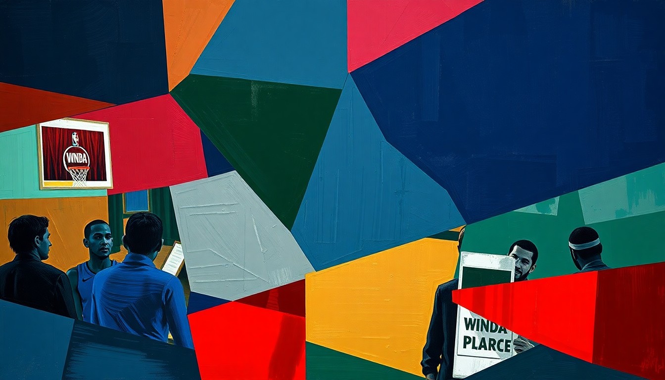 A cubist-style painting featuring overlapping geometric shapes and planes in navy, green, and red, conceptually representing the energy and excitement of a WNBA draft selection.