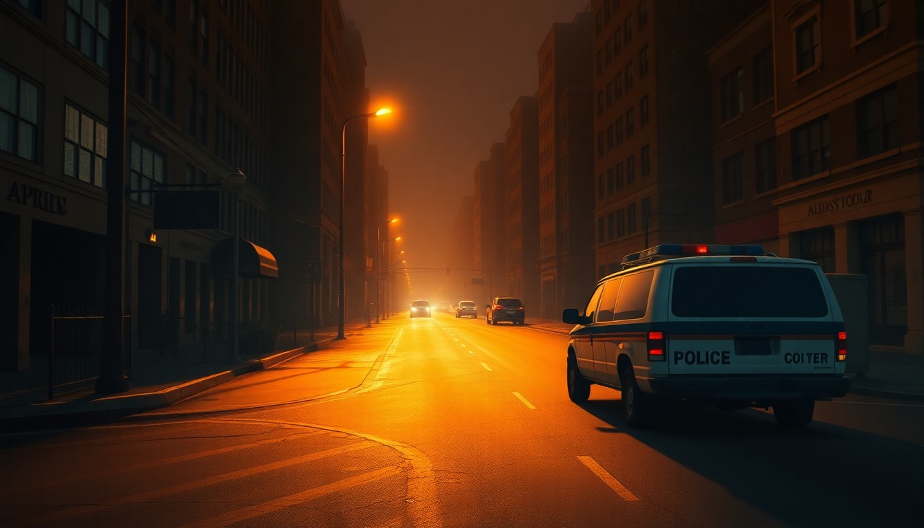 A moody, cinematic painting of a lone government vehicle parked on a deserted city street, with warm sunlight casting deep shadows, conveying a sense of political unease and isolation.