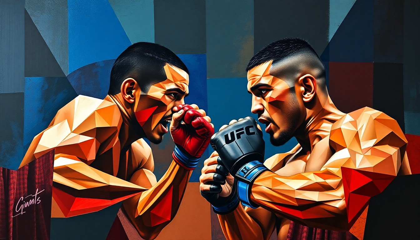 A fragmented, geometric painting depicting the intense action and competing perspectives of a UFC welterweight fight, with sharp planes of deep blue, red, and brown hues.