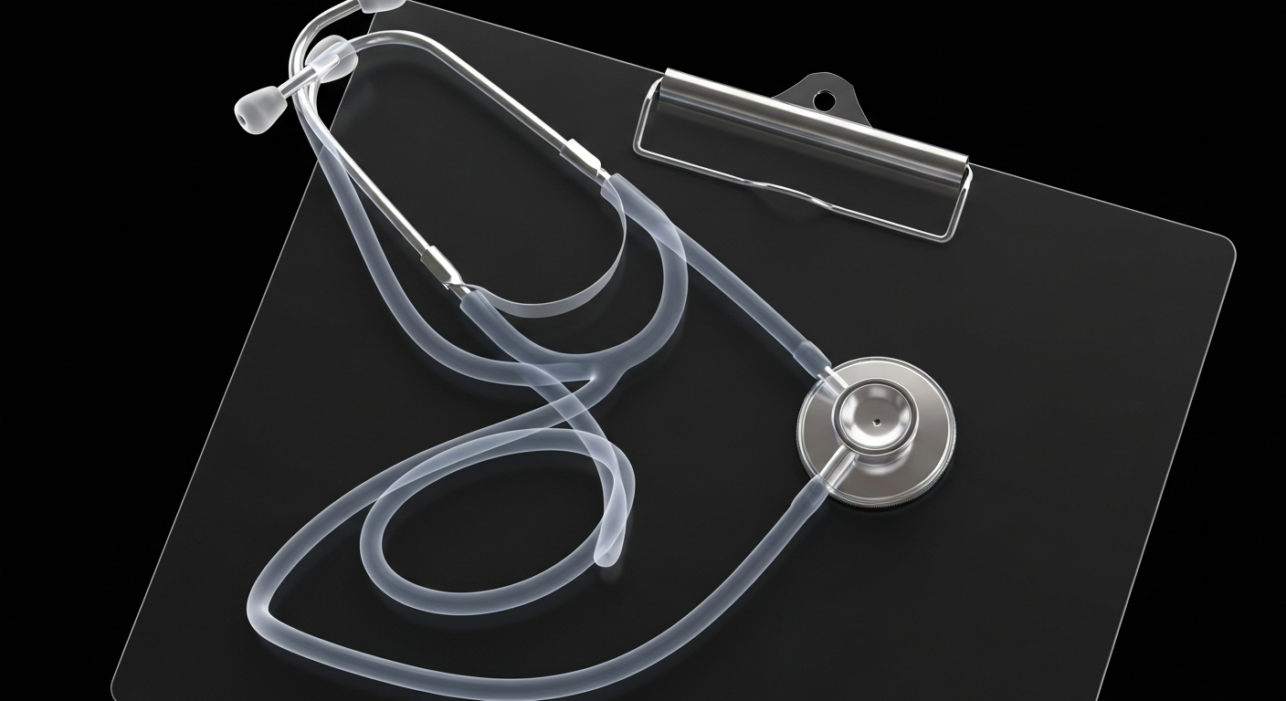 An abstract, ghostly X-ray image showing the internal structure of a stethoscope and medical clipboard, conceptually representing the blending of traditional and concierge healthcare models.