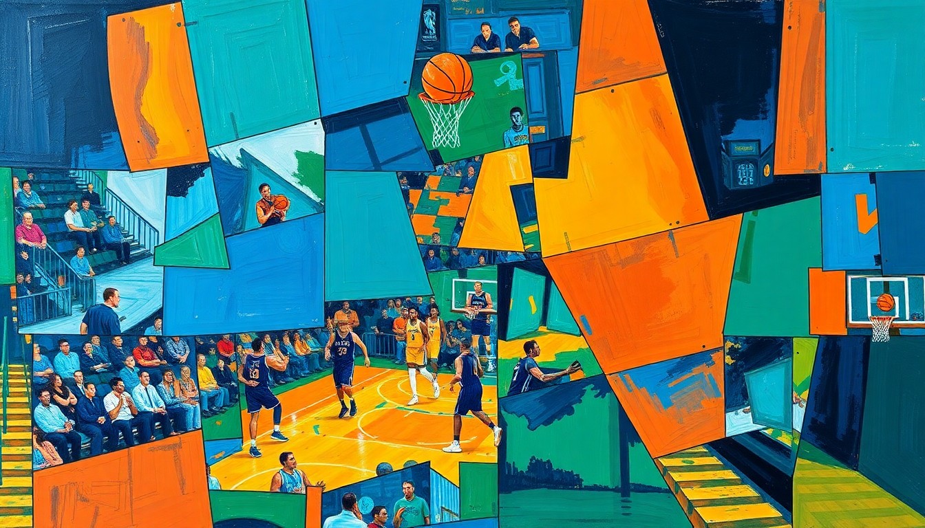 A cubist, geometric painting depicting a fragmented basketball game or playoff action, with sharp, overlapping planes of vibrant colors like deep blue, fiery orange, and emerald green, conveying the intensity and excitement of the NBA postseason.
