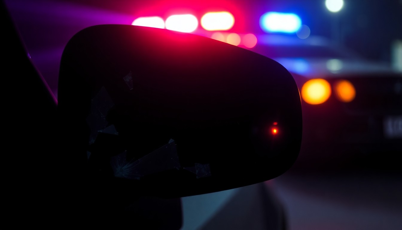 An extreme close-up photograph of a car's shattered side mirror reflecting a police siren's flashing red and blue lights, creating a stark, gritty, investigative aesthetic.