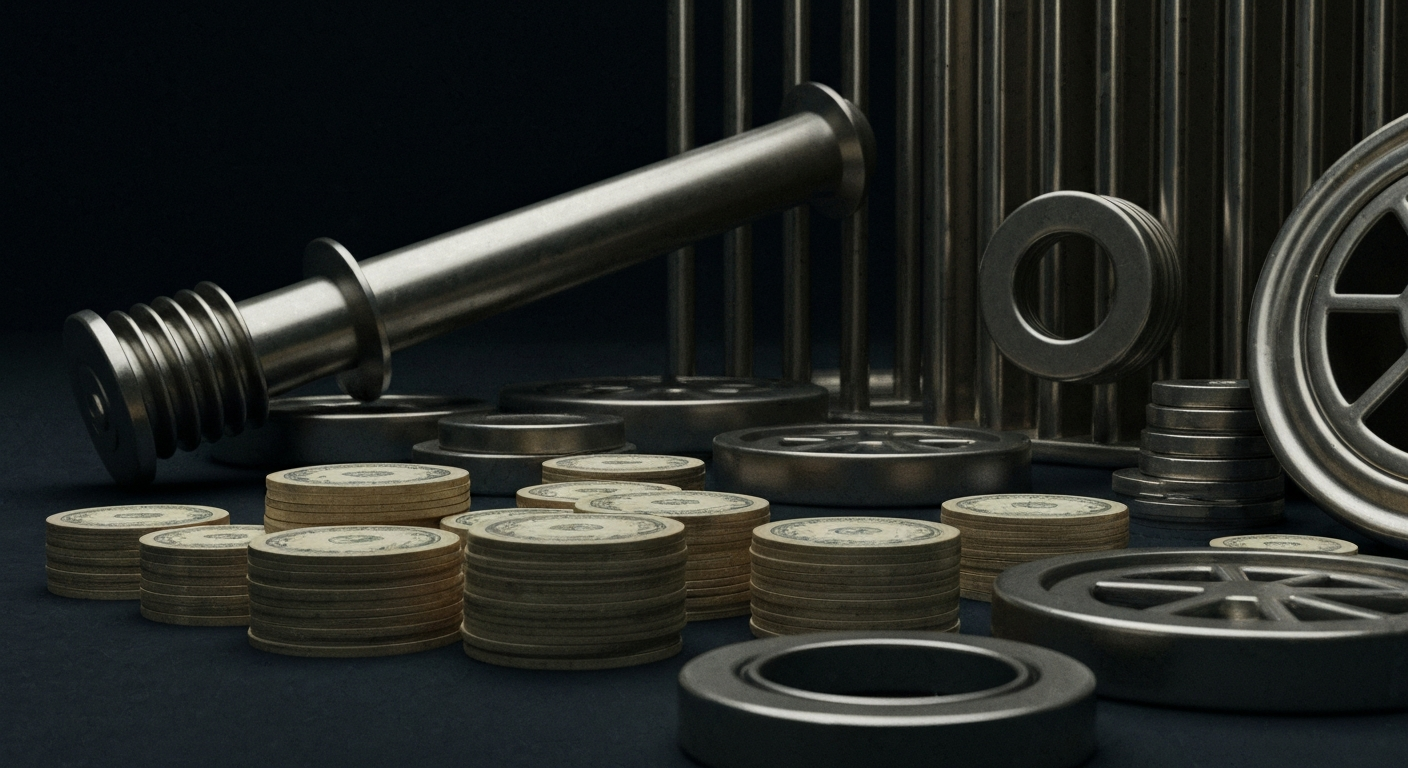 An extreme close-up of a complex, industrial-looking financial mechanism, conveying a sense of the heavy, physical infrastructure that underpins the global financial system.