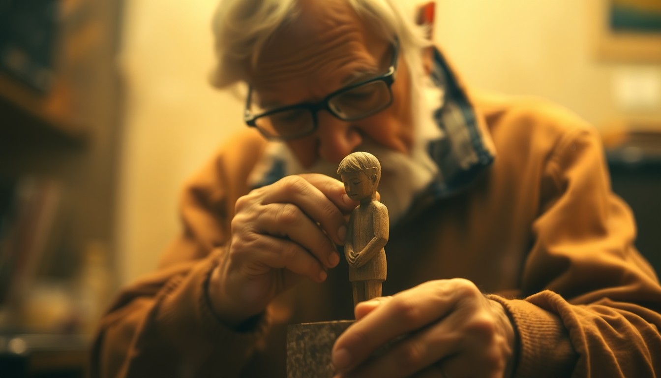 An abstract, soft-focus image showing the blurred hands of an elderly man carefully carving a detailed wooden figure, conveying the thoughtful preservation of personal history.