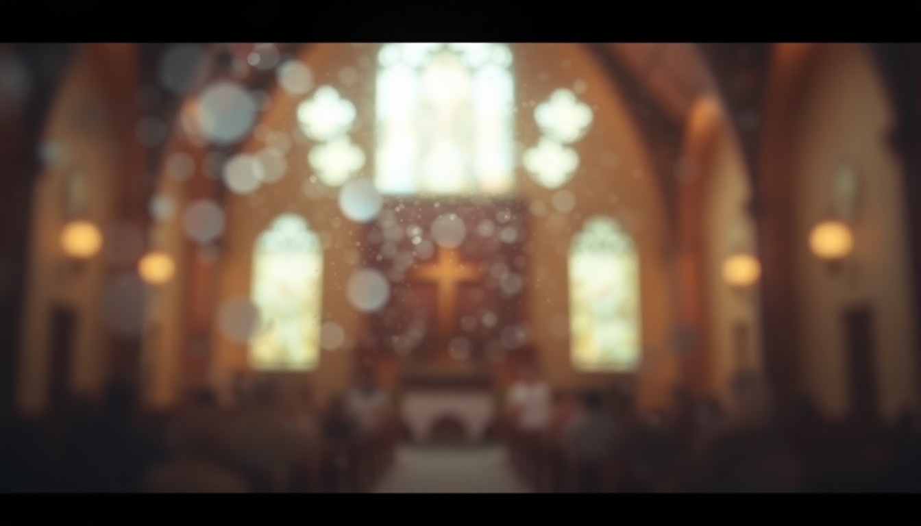 An extremely blurred, abstract photograph of a warm, hazy church interior with soft pools of light, conceptually representing the spiritual life and community focus of Roger Dale Koonce.