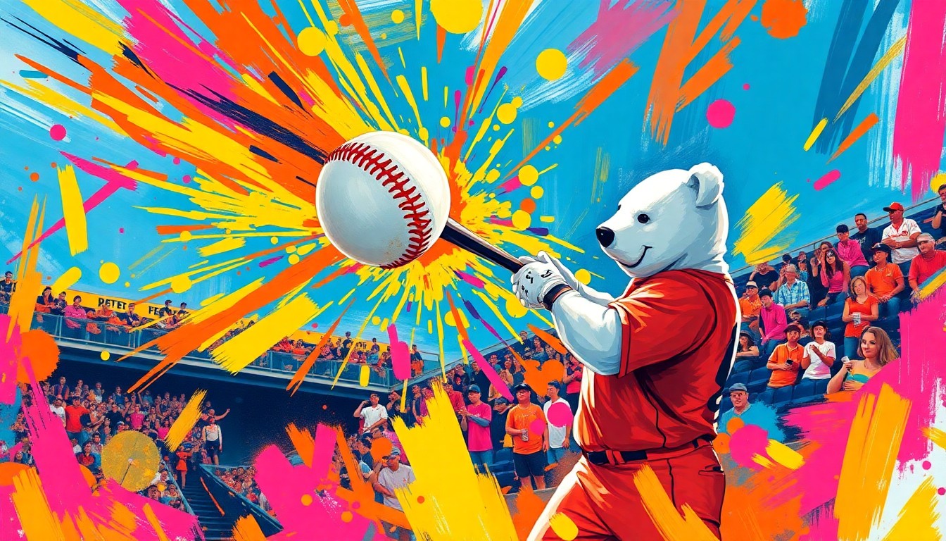 An abstract, energetic painting with vibrant neon brushstrokes depicting the powerful motion of a baseball flying towards a fan in the stands, conceptually representing the excitement and drama of Pete Alonso's game-winning home run.