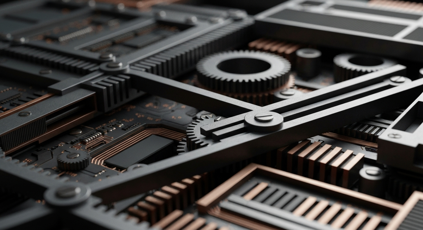 An extreme close-up of a complex array of gears, levers, and circuit boards, representing the unseen mechanics that power the financial industry.
