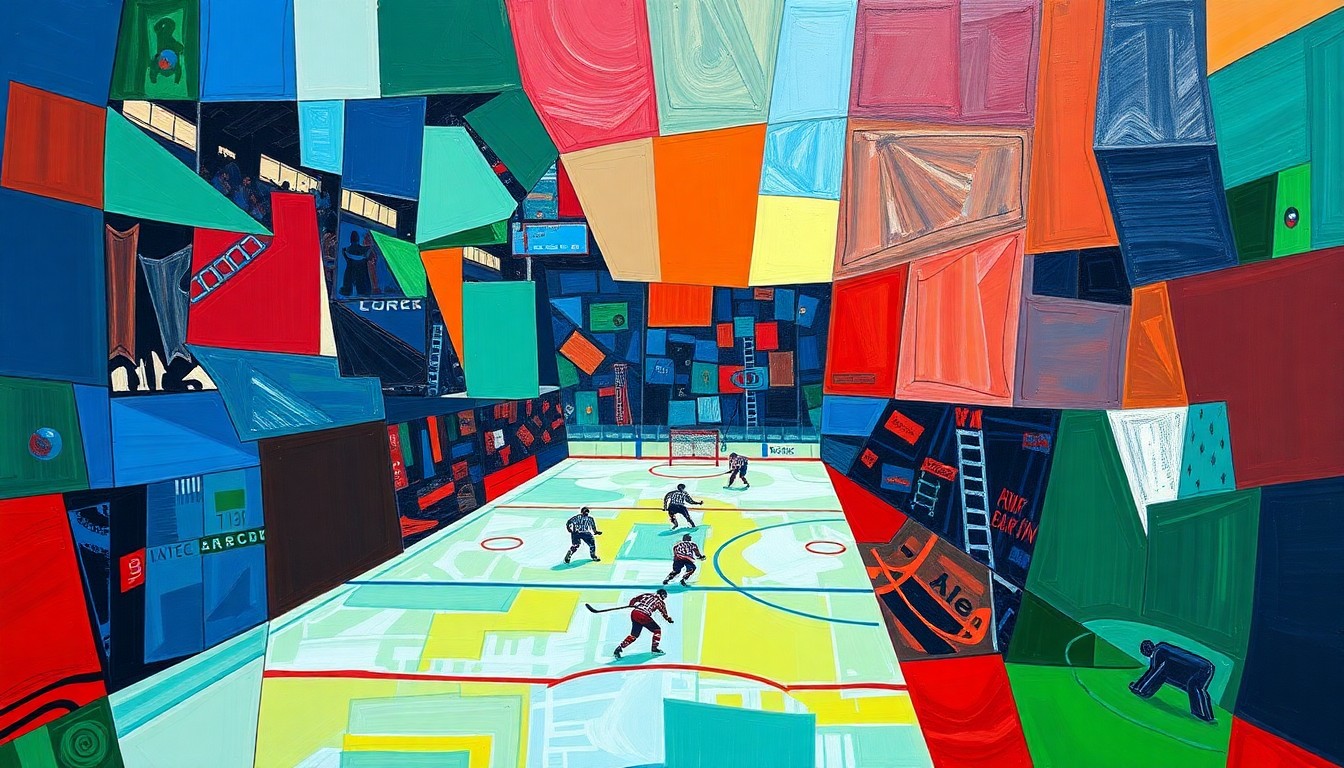 A cubist, geometric painting depicting the action of a hockey game, with sharp, overlapping planes of blue, green, and red representing the players and movement on the ice.