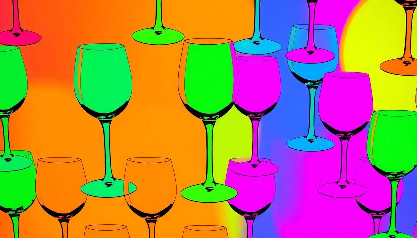 A bold, colorful silkscreen-style illustration featuring a repeating grid of wine glasses in bright neon hues, conceptually representing the idea of open alcohol consumption in designated downtown areas.