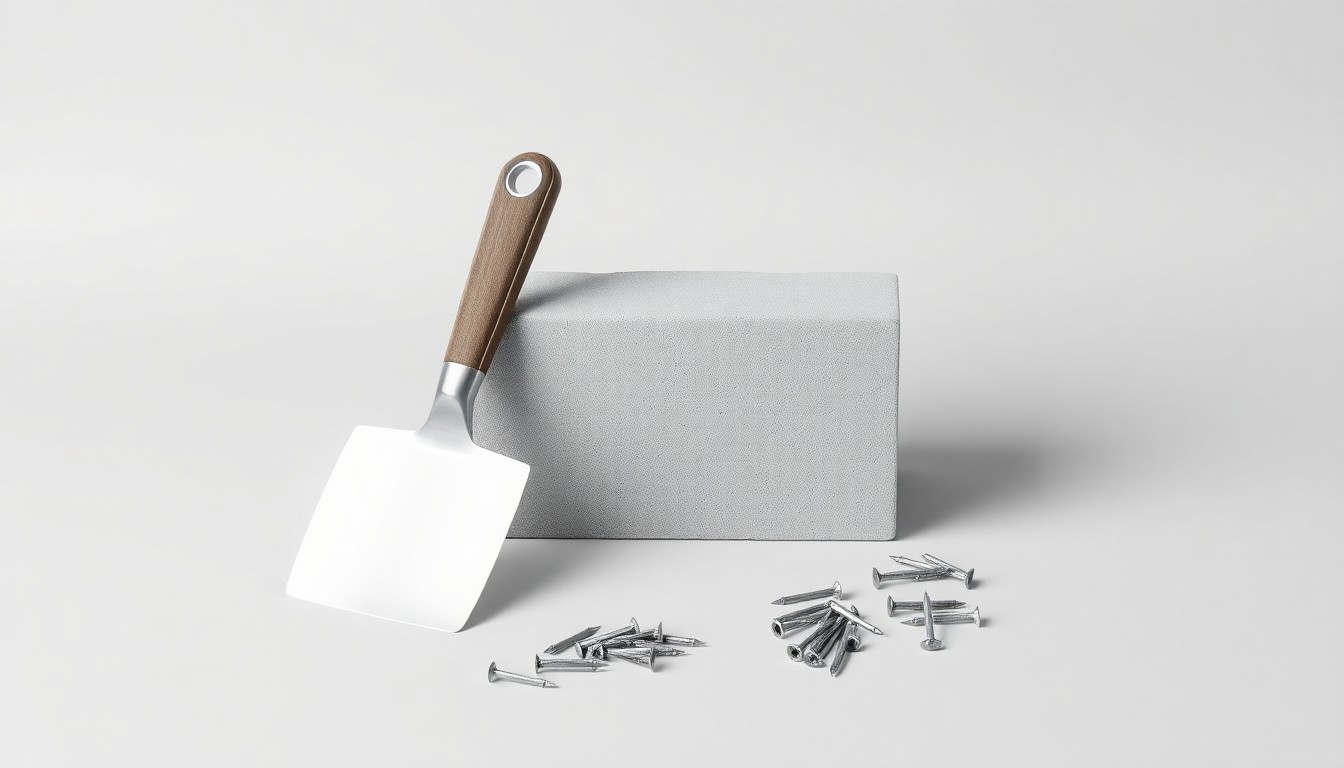 A high-end, photorealistic studio still-life photograph featuring a polished, geometric concrete block, a sleek metal trowel, and a handful of construction nails arranged elegantly on a clean, monochromatic background, conceptually representing the precision and attention to detail that define Enhanced Quality Construction Corp's approach to residential and commercial development.