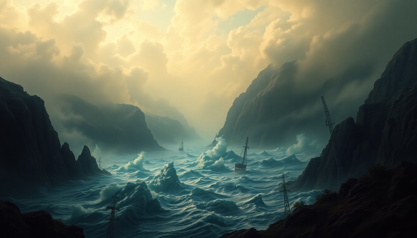 A vast, atmospheric landscape painting depicting a devastating flood, with physical structures and objects dwarfed by the overwhelming power of the natural disaster.