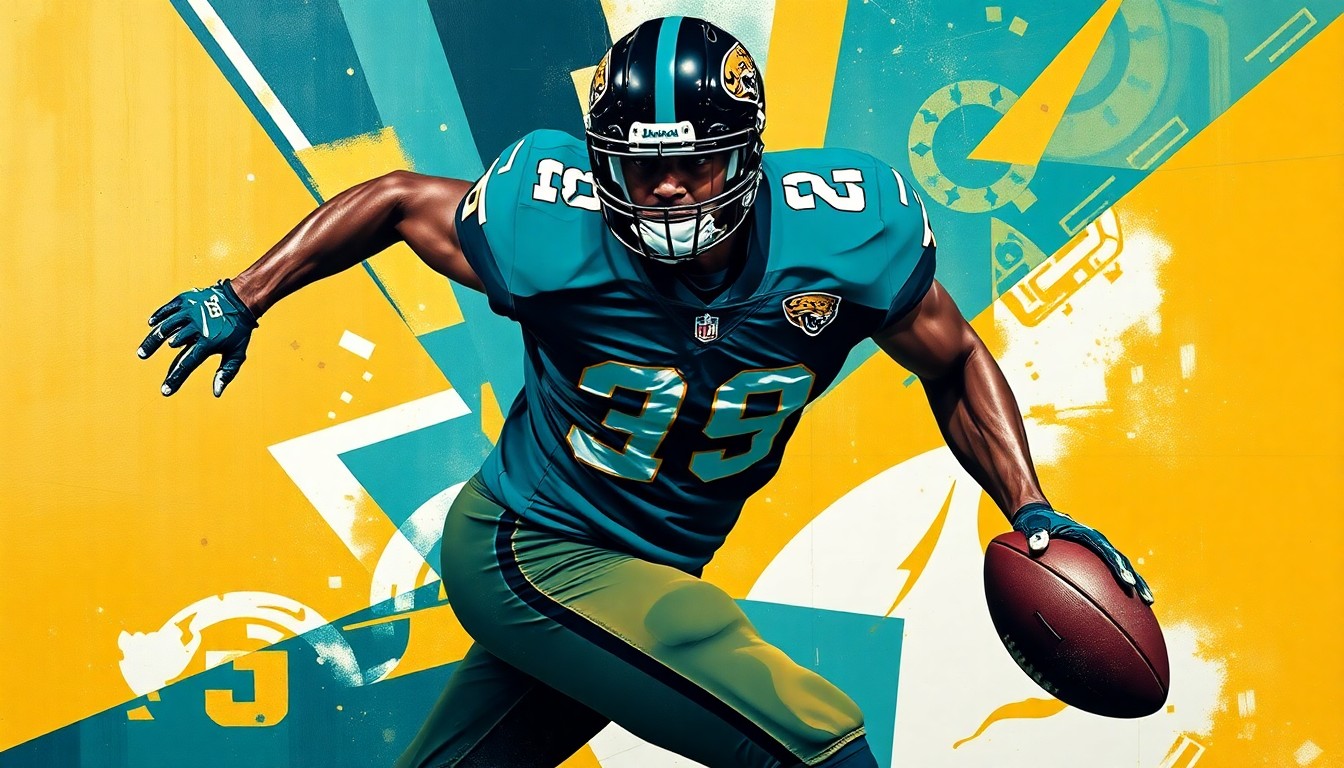 A fractured, cubist-style painting depicting a football player in motion, with sharp geometric planes in teal, gold, and black representing the player's dynamic movements on the field.