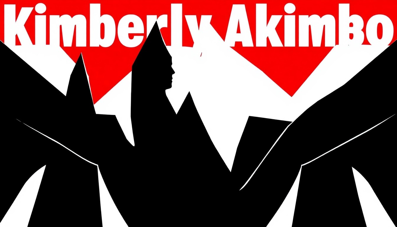 A bold, abstract composition of jagged red, white, and black geometric shapes, conceptually representing the themes of time, aging, and the human experience at the heart of the musical 'Kimberly Akimbo'.