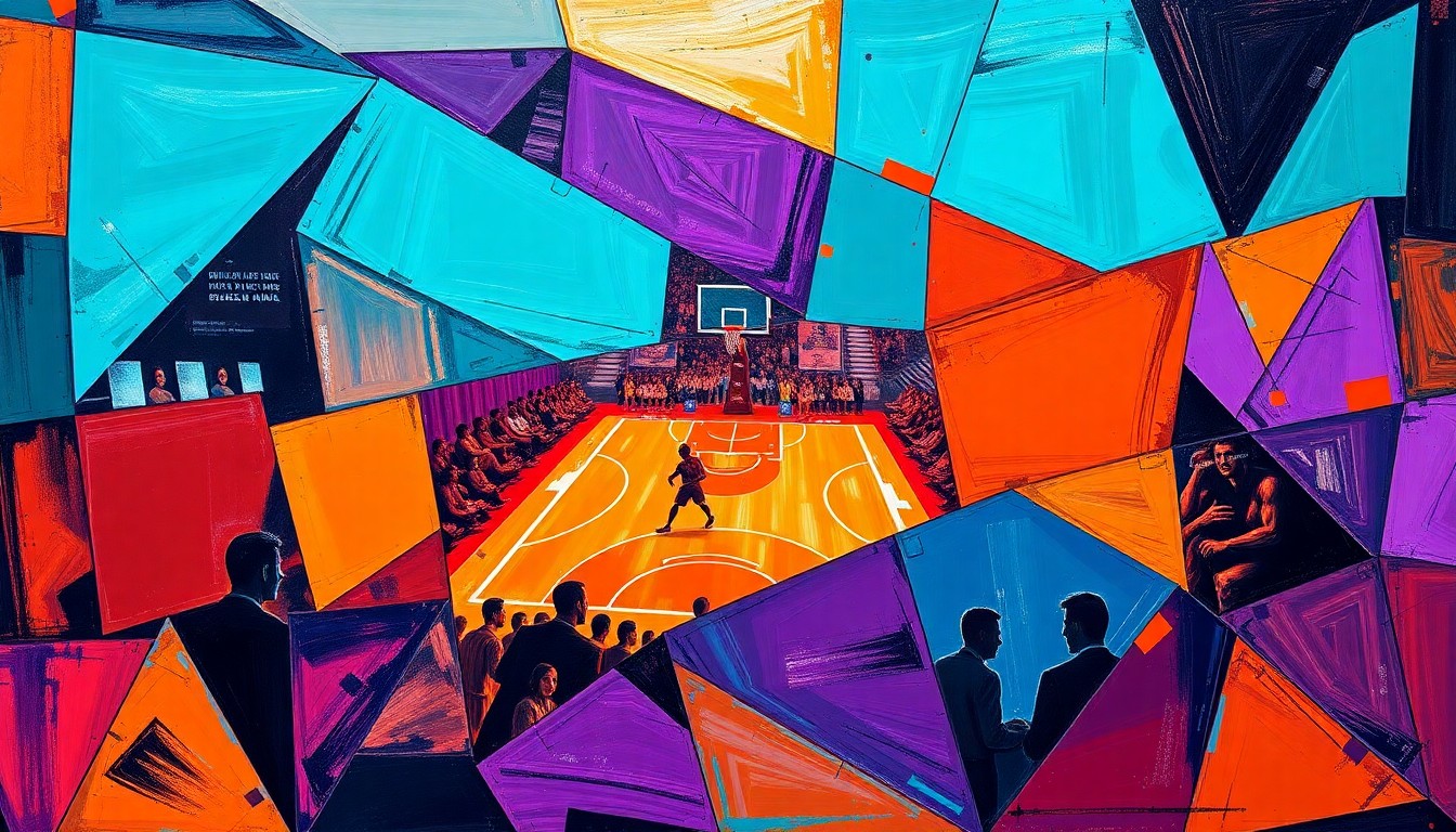 A cubist-style painting featuring sharp, overlapping geometric shapes in bright teal, deep purple, and fiery orange, conceptually representing the dynamic energy and multiple perspectives of a basketball game.