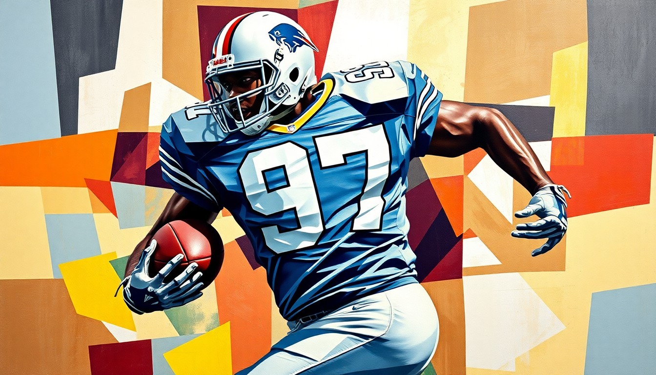 A fragmented, geometric painting depicting a football player in motion, with sharp planes of color and form representing the multifaceted nature of the Dexter Lawrence contract dispute.