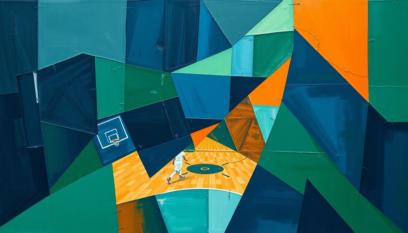A fragmented, geometric painting depicting a basketball game or match, with sharp planes of navy, green, and orange overlapping to create a dynamic, multi-angled visual representation of the sport.