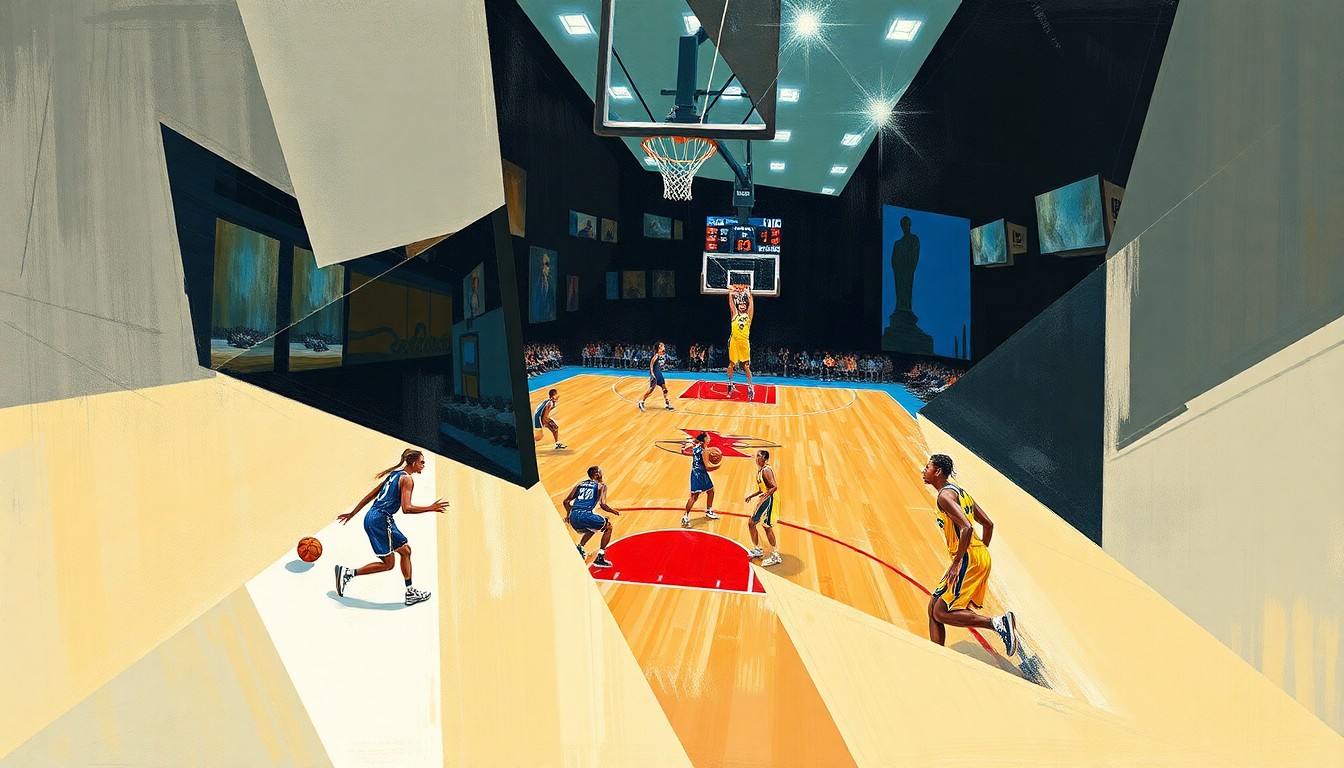 A fragmented, cubist-style painting depicting a WNBA basketball game, with the players and court broken down into sharp, overlapping geometric shapes and planes of color, conveying the dynamic energy and shifting perspectives of the trade.