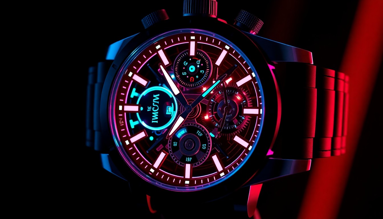 A highly detailed, glowing 3D macro illustration of a futuristic watch with intricate internal mechanisms and components illuminated by neon cyan and magenta lights, conceptually representing the advanced engineering of a tool designed for space exploration.