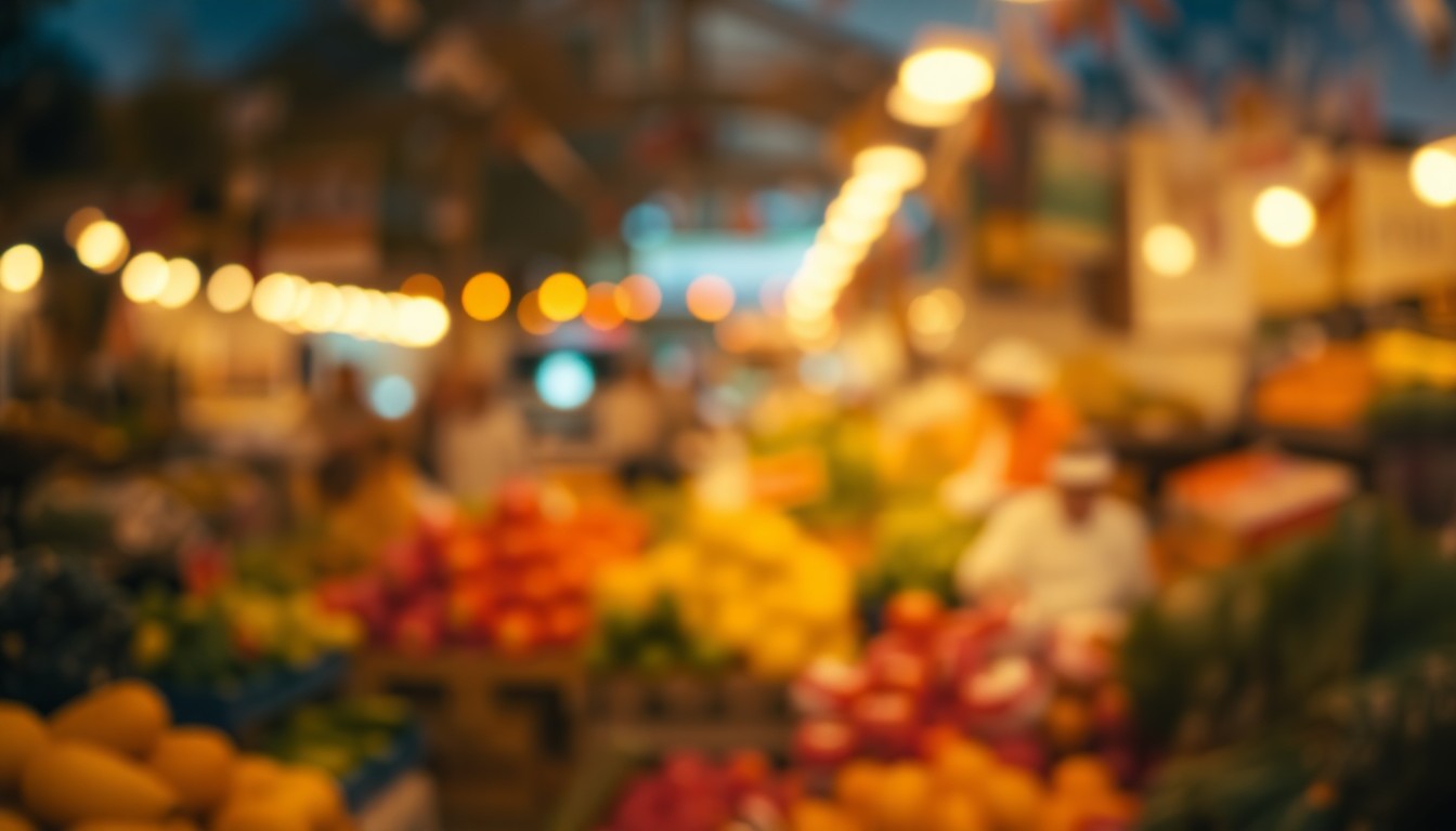An abstract, impressionistic photograph of a farmer's market scene, with blurred, colorful produce and a soft, hazy background, conveying the mood of a community-driven food assistance initiative.