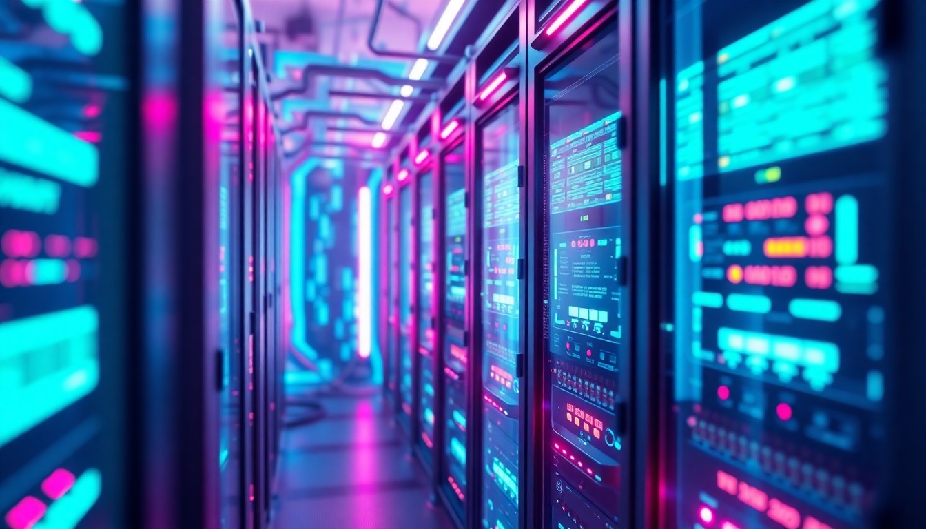 A highly detailed, glowing 3D illustration of a complex server rack, with neon blue and pink lights highlighting the intricate digital hardware, conceptually representing the data center expansion in Dowagiac.