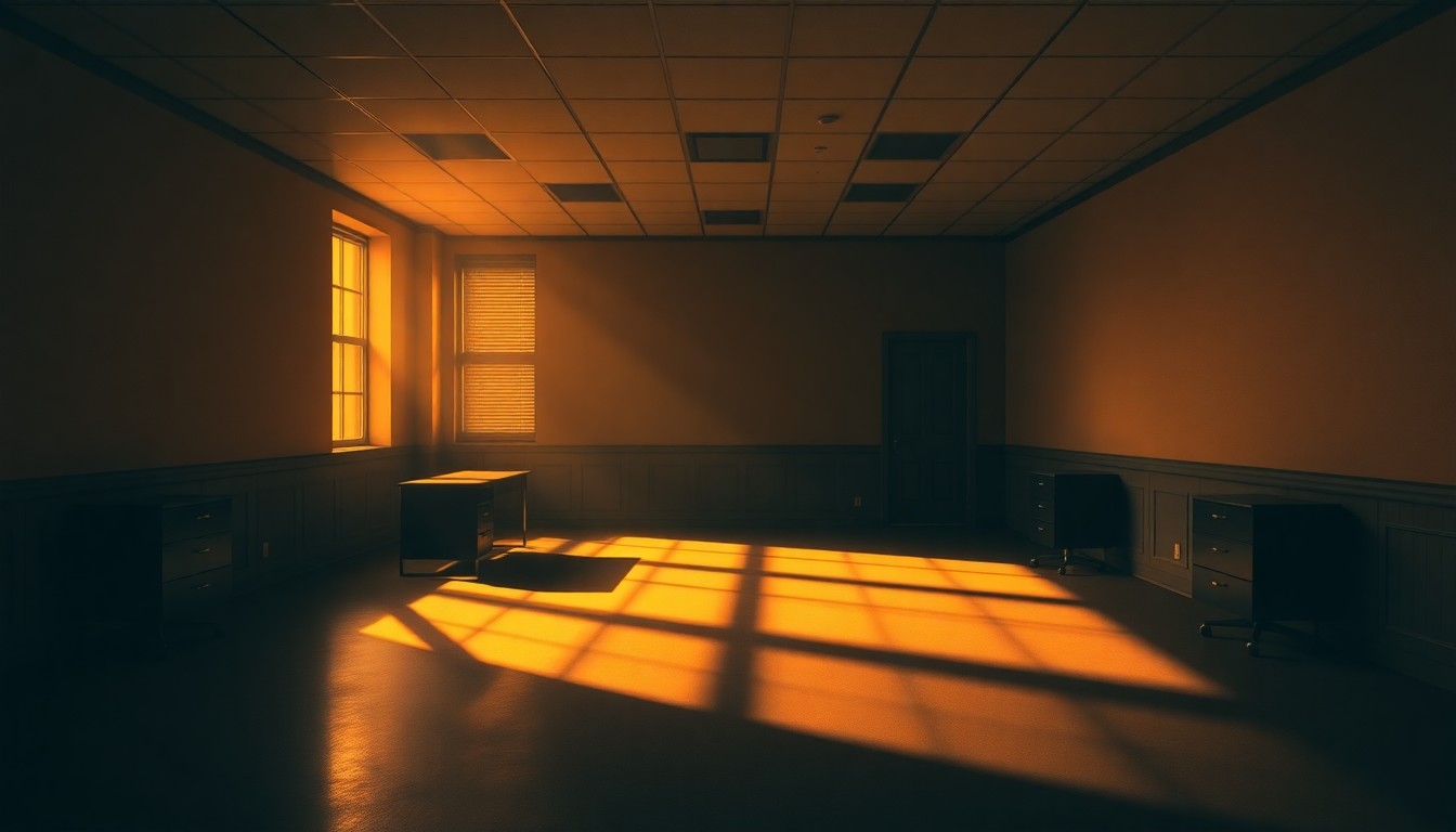 A dimly lit, empty government office space with a lone desk and chair, the warm sunlight casting long shadows and creating a pensive, melancholic mood.
