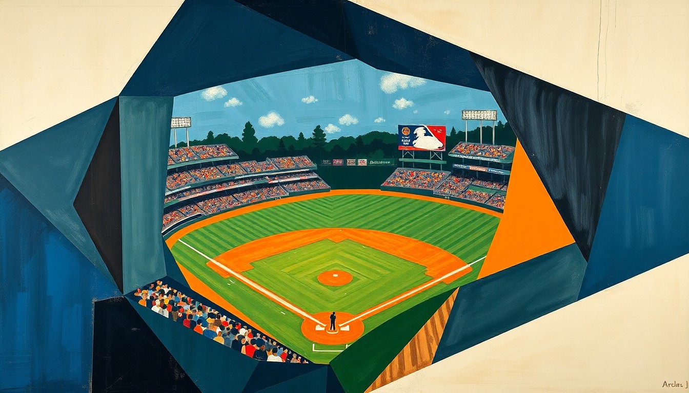 A fractured, multi-perspective painting in shades of navy, green, and orange, breaking down a baseball game into sharp, overlapping geometric planes, conceptually representing the Spokane Indians' uneven start to the season.