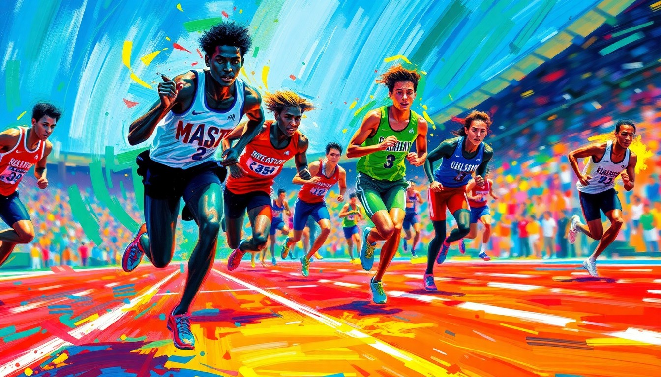 An abstract, energetic painting in bright neon colors, with blurred figures and splashes of paint representing the motion and athleticism of a high school track and field competition.