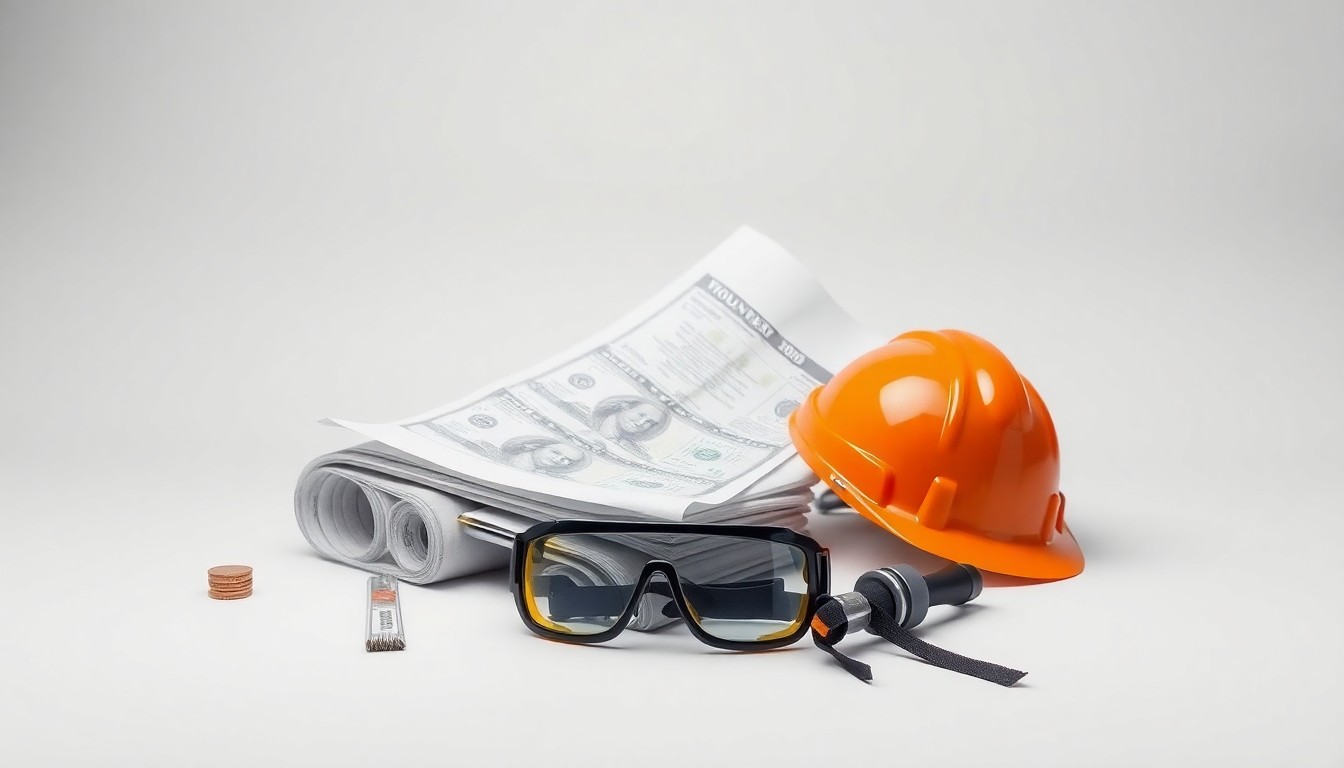 A photorealistic studio still life featuring a hardhat, safety goggles, and a blueprint, arranged elegantly on a clean, monochromatic background, conceptually representing the transformative power of the Legacy Hotel construction project.