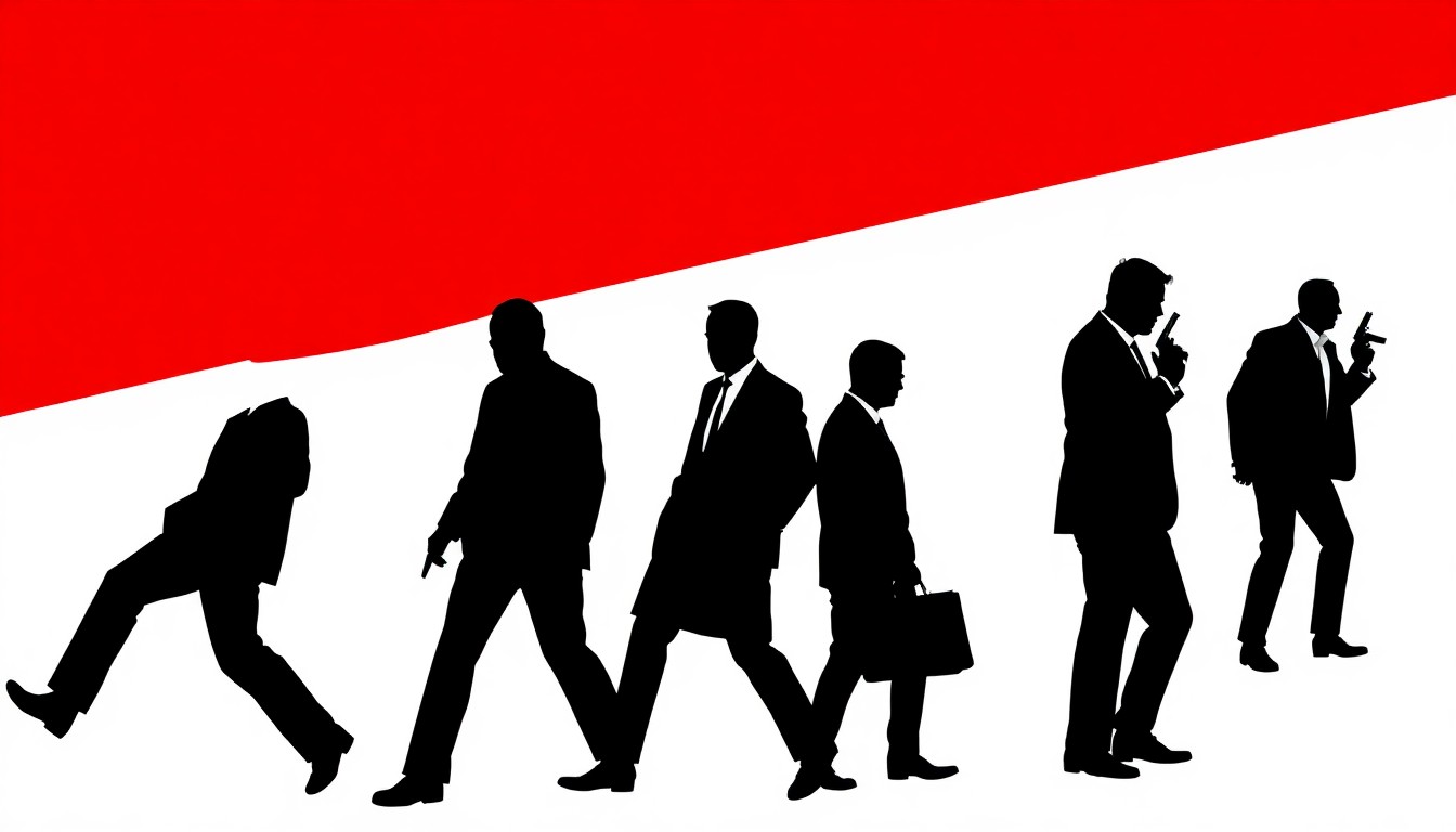 A minimalist, abstract illustration using bold black silhouettes and high-contrast solid colors to conceptually represent the themes of a heist film without any literal imagery.