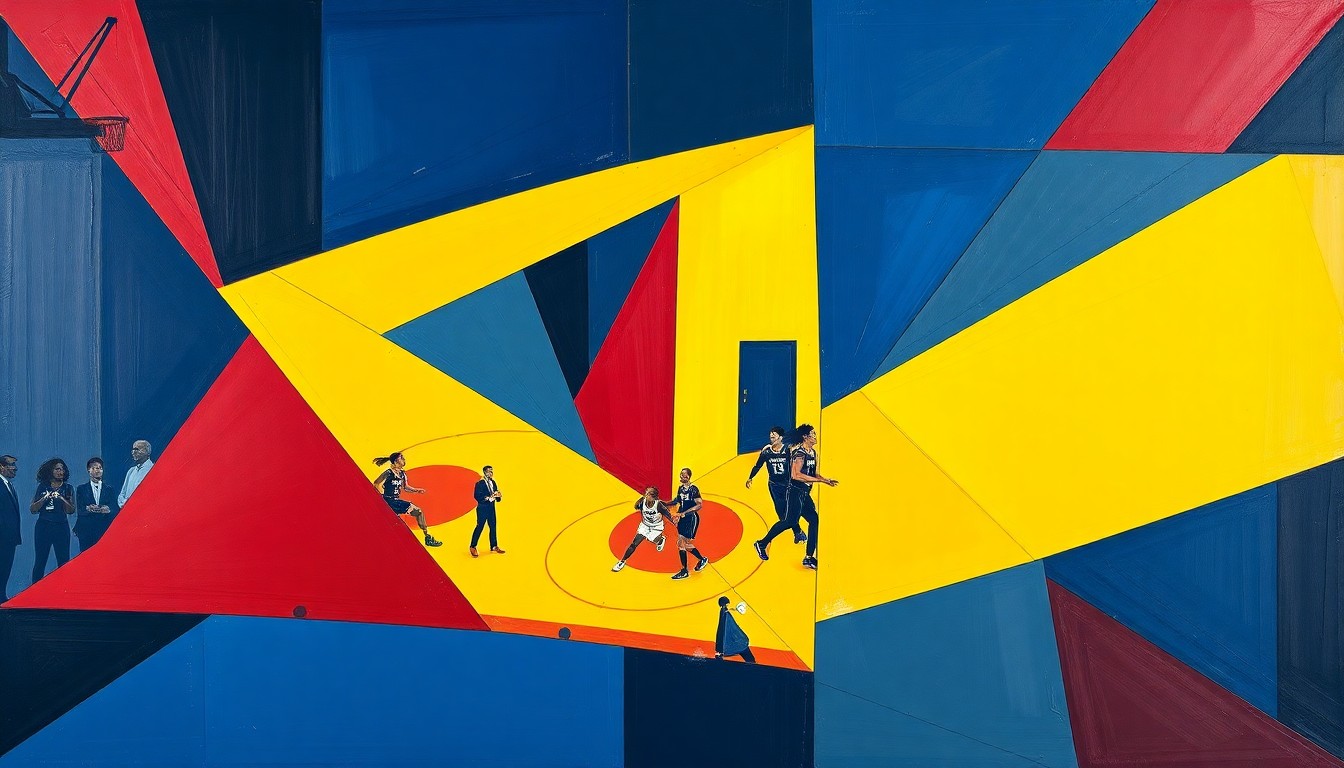 A fractured, cubist-style painting depicting a WNBA basketball game or draft event, with sharp geometric shapes and planes in navy, red, and yellow, conceptually representing the pay gap between top draft picks.