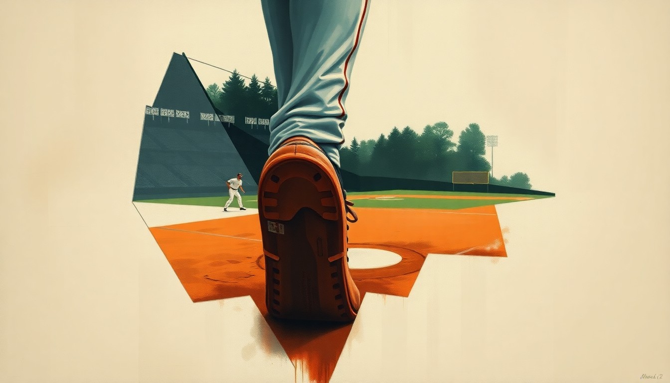 A fragmented, cubist-style painting depicting a baseball player's injured foot, with sharp geometric shapes and planes in muted colors representing the disruption caused by the injury to the team's lineup.