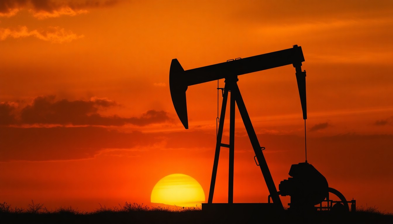 A serene, atmospheric painting depicting the solitary outline of an oil pump jack against a glowing sunset sky, conveying the quiet tension between Alaska's energy industry and its budgetary challenges.