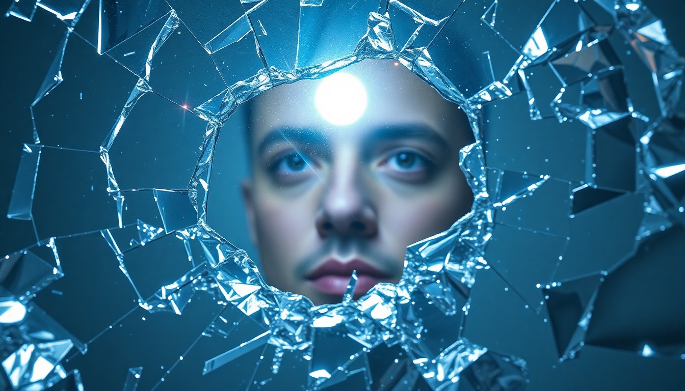 An abstract, high-contrast close-up photograph of shattered glass and crumpled aluminum foil, reflecting a single bright light, conveying a sense of fragmentation and personal turmoil.