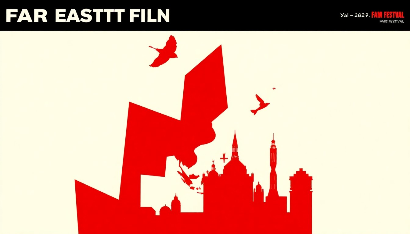 An abstract, minimalist illustration featuring bold, jagged shapes in red and white, conceptually representing the diverse range of film genres and international collaborations showcased at the Far East Film Festival's Focus Asia program.