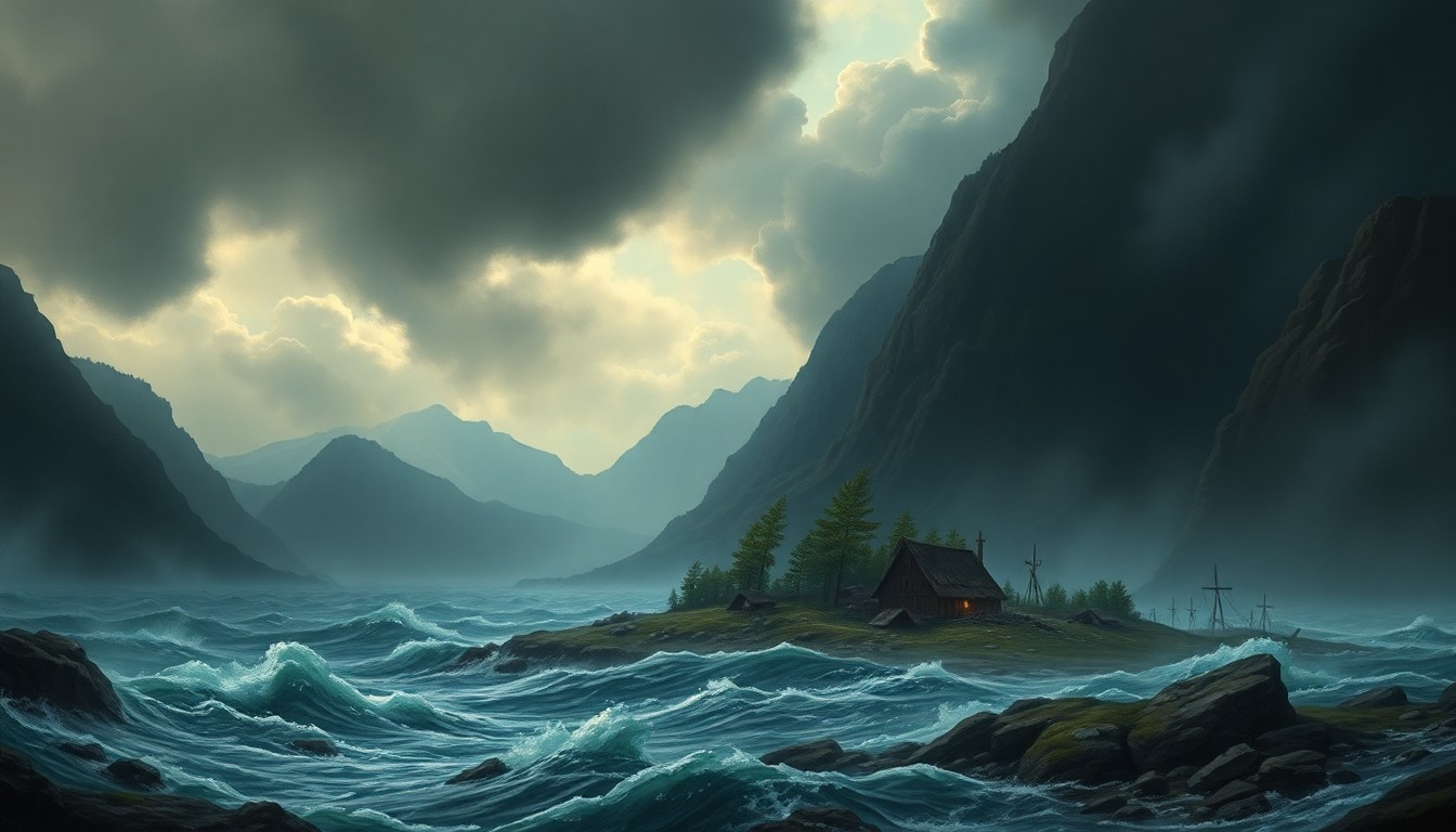 A sweeping, atmospheric landscape painting depicting a raging flood that overwhelms and dwarfs the structures of a summer camp, conveying the raw power of the natural disaster.